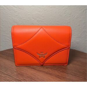 MCM Diamond Quilted Small Compact Wallet Bright Orange Leather Fall Statement